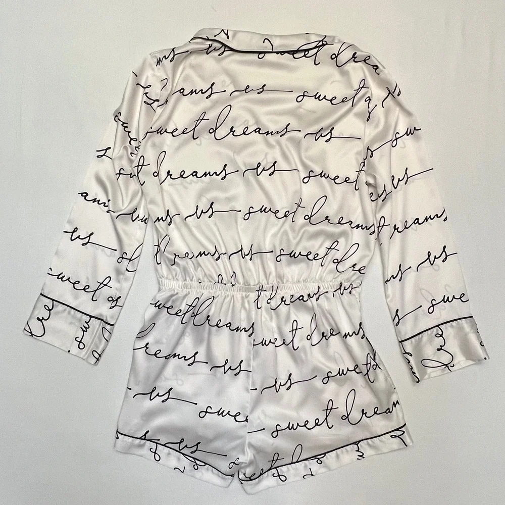 Victoria's Secret White Satin Script Print Pajama Romper Sleepwear Size‎ M